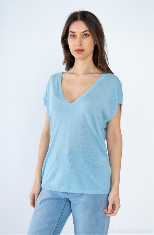 T-shirt sans manches, bleu pastel, paillettes. Taille unique