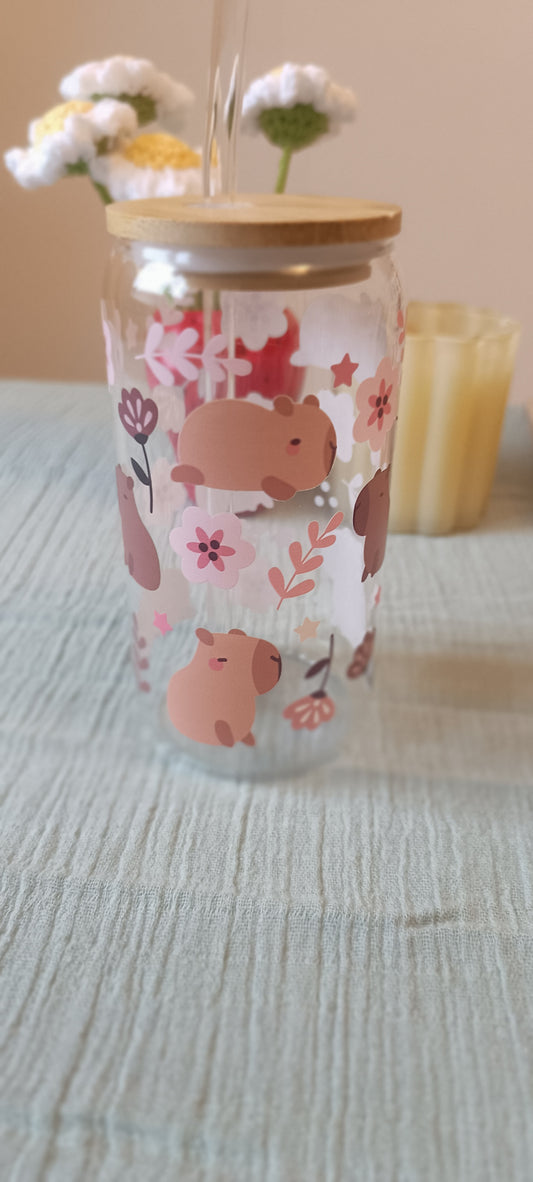 Tasse avec paille en verre thème capibara